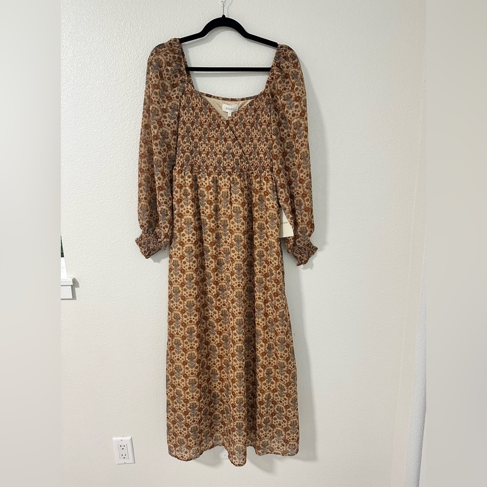 Bohme Long Sleeve Dress with Floral Print in Tan and Brown
